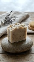 Handmade oatmeal soap bar with oat topping on stone, lavender sprigs and natural brush on wooden surface for spa and wellness product marketing.