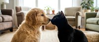 Two dogs, a golden retriever and black dog, face each other in a bright living room with furniture and plants, depicting friendship and companionship.