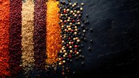 Colorful rows of ground spices and whole peppercorns arranged on dark stone background, creating vibrant stripes of red, yellow and orange seasoning powders.