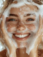Young Caucasian woman with bright smile washing face with foam cleanser, close up portrait showing glowing skin and natural beauty in skincare routine.