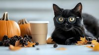 Black cat wearing round glasses lying among autumn decorations, pumpkins, pine cones and fallen maple leaves. Coffee cup in background creates cozy fall atmosphere.