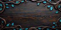 Dark wooden background with decorative carved floral border featuring turquoise blue leaves, creating elegant frame on rustic wood texture. Suitable for menu design.