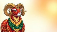 Decorative ram with ornate patterns and curved horns on gradient background. Folk art style animal illustration for zodiac, cultural designs and festive projects.