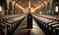 Wine bottle standing on oak barrel in traditional winery cellar with rows of wooden casks and atmospheric lighting creating depth perspective.