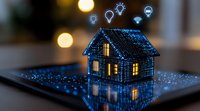 Digital smart home concept with glowing house hologram on tablet screen and floating IoT icons, modern home automation technology in blue neon light.