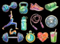 Fitness equipment collection with dumbbells, kettlebell, running shoe, yoga mat, exercise figure, water bottle, jump rope, weight plate, barbell, stopwatch, heart rate monitor and smoothie drink isolated on transparent background ready for t-shirt design, clipart, stickers and print-on-demand products.