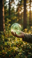 Hand holding glowing recycling symbol sphere in sunlit forest representing environmental conservation and sustainable living practices.