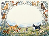 Watercolor frame with various dog breeds playing in a meadow, surrounded by floral botanical border, copy space for text or design.