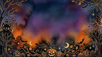 Halloween night scene with glowing jack-o-lanterns, flying bats, haunted house, and spooky trees forming a decorative frame with copy space.