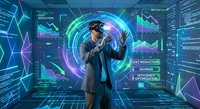 Businessman in suit using VR headset surrounded by holographic data analytics charts and futuristic interface elements in digital environment.