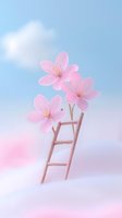 Delicate pink cherry blossoms atop wooden ladder against dreamy pastel sky background, creating soft romantic spring atmosphere for wellness and lifestyle designs.