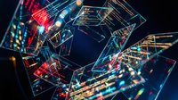 Neon circuit board with glowing red, blue, and gold lines creating abstract geometric patterns against dark background, suitable for technology and digital design projects.
