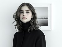 Young woman with wavy hair in black turtleneck against minimalist white wall with framed coastal photograph, creating elegant monochromatic portrait.