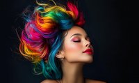 Young Asian woman with vibrant rainbow-colored hair styled upward against dark background, eyes closed, wearing bright red lipstick and artistic makeup in dramatic lighting.