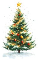 Festive watercolor Christmas tree adorned with golden lights, red and gold ornaments, topped with bright star against white background. Seasonal holiday artwork.