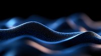 Glowing blue particles forming smooth waves against dark background create mesmerizing abstract composition with depth and motion effect for technology designs.