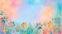 Colorful paw prints and hearts in watercolor style gradient background, isolated design element suitable for pet-related projects, animal lovers merchandise, and greeting cards.