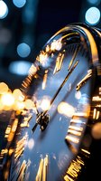 Clock face with motion blur and bokeh lights showing time passage and urgency in business environment for deadline concepts.