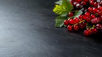 Fresh ripe red currant berries with green leaves on dark slate stone background with copy space. Natural healthy food concept for design.