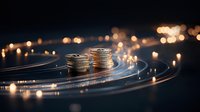 Stacked coins on dark rippled surface with glowing bokeh lights creating magical financial atmosphere. Money concept with dramatic lighting and reflections.