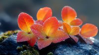 Delicate orange plumeria flowers with morning dew drops on dark stone background, creating dramatic natural lighting effect and showcasing vibrant tropical flora.