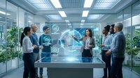 Business team analyzing holographic data visualization in modern glass conference room with digital interface technology for corporate presentations.
