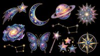 Cosmic space elements collection with galaxy rocket, crescent moon, planets, butterfly, stars, constellations, and compass rose isolated on transparent background. Ready for t-shirt design, clipart, stickers, sublimation, and print-on-demand projects.