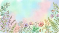 Soft watercolor floral background with pastel wildflowers, herbs, and ferns on a dreamy rainbow gradient, perfect for cards and invitations.