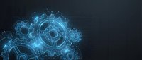 Glowing blue digital gears and mechanical components on dark background for technology and engineering concepts in business presentations.