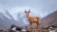 Young gazelle standing alert on rocky terrain against snow-capped mountains in soft morning light, showcasing natural wildlife behavior in mountainous habitat.