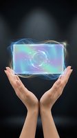 Hands holding glowing holographic tablet with neon blue and purple digital interface, futuristic technology concept for innovation, digital transformation, and next-generation computing solutions.
