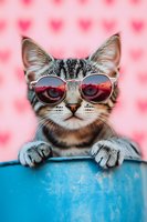 Stylish tabby cat wearing sunglasses with sunset reflection against pink heart background, peeking over blue container. Playful pet photography for greeting cards.