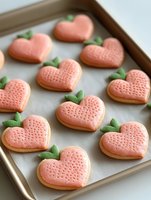 Heart-shaped strawberry cookies with pink icing and green leaves on baking tray for Valentine's Day celebration and romantic dessert concepts.