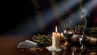 Mystical fortune telling setup with burning candle, crystal ball, tarot cards and ornate decorative elements creating atmospheric divination scene.