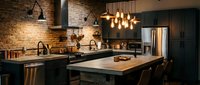 Modern kitchen with dark cabinetry, exposed brick walls, and pendant lighting fixtures. Island countertop with seating. Stainless steel appliances. Warm ambient lighting throughout space.
