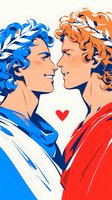Two young men with curly hair and laurel wreaths face each other smiling, one in blue and one in red, with a small heart symbol between them, drawn in anime style.
