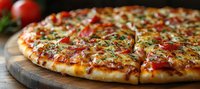 Fresh baked pizza with melted cheese, pepperoni, herbs on wooden cutting board, close up view showing crispy crust and savory toppings in warm lighting.