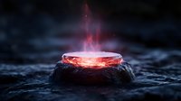 Glowing mystical stone crater with rising red energy plasma and magical mist in dark atmospheric environment, fantasy concept for game design and book covers.