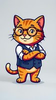 Cartoon orange tabby cat wearing glasses and business vest with crossed arms, professional mascot character for corporate branding and marketing materials.