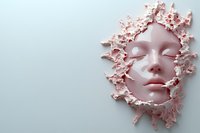 Surreal female face emerging from cracked pink wall surface with closed eyes and serene expression creating artistic conceptual composition.