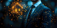 Professional in blue suit with glowing house icon floating beside him against dark background with magical golden bokeh lights and particles.