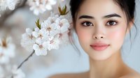 Young Asian woman with natural makeup posing near blooming cherry blossom flowers for spring beauty and skincare concept.
