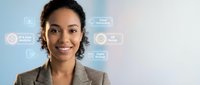 Professional African American businesswoman with AI technology interface icons displaying artificial intelligence and machine learning concepts.