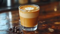 Layered espresso macchiato with heart latte art in glass cup on rustic wooden table with scattered coffee beans, moody cafe atmosphere.