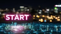 Glowing pink neon start sign over digital network grid visualization with blurred city lights background creates futuristic technology concept.