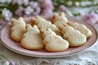 Easter bunny sugar cookies with white icing and pearl sprinkles on pink plate. Spring cherry blossoms and linen napkin create festive holiday setting.
