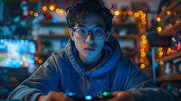 Young Asian male gamer in glasses illuminated by neon lights and screen glow, wearing hoodie. Atmospheric night gaming setup with bokeh lights perfect for esports and gaming content.