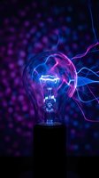 Electric light bulb with purple and blue plasma energy streams against dark bokeh background for innovation and creativity concepts.