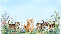 Adorable kittens playing in spring meadow with wildflowers and yarn ball. Cute tabby, orange, and calico cats in garden setting for pet themes.