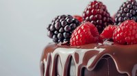 Decadent chocolate cake topped with fresh raspberries and blackberries, dripping chocolate ganache creates luxurious dessert presentation on light background.